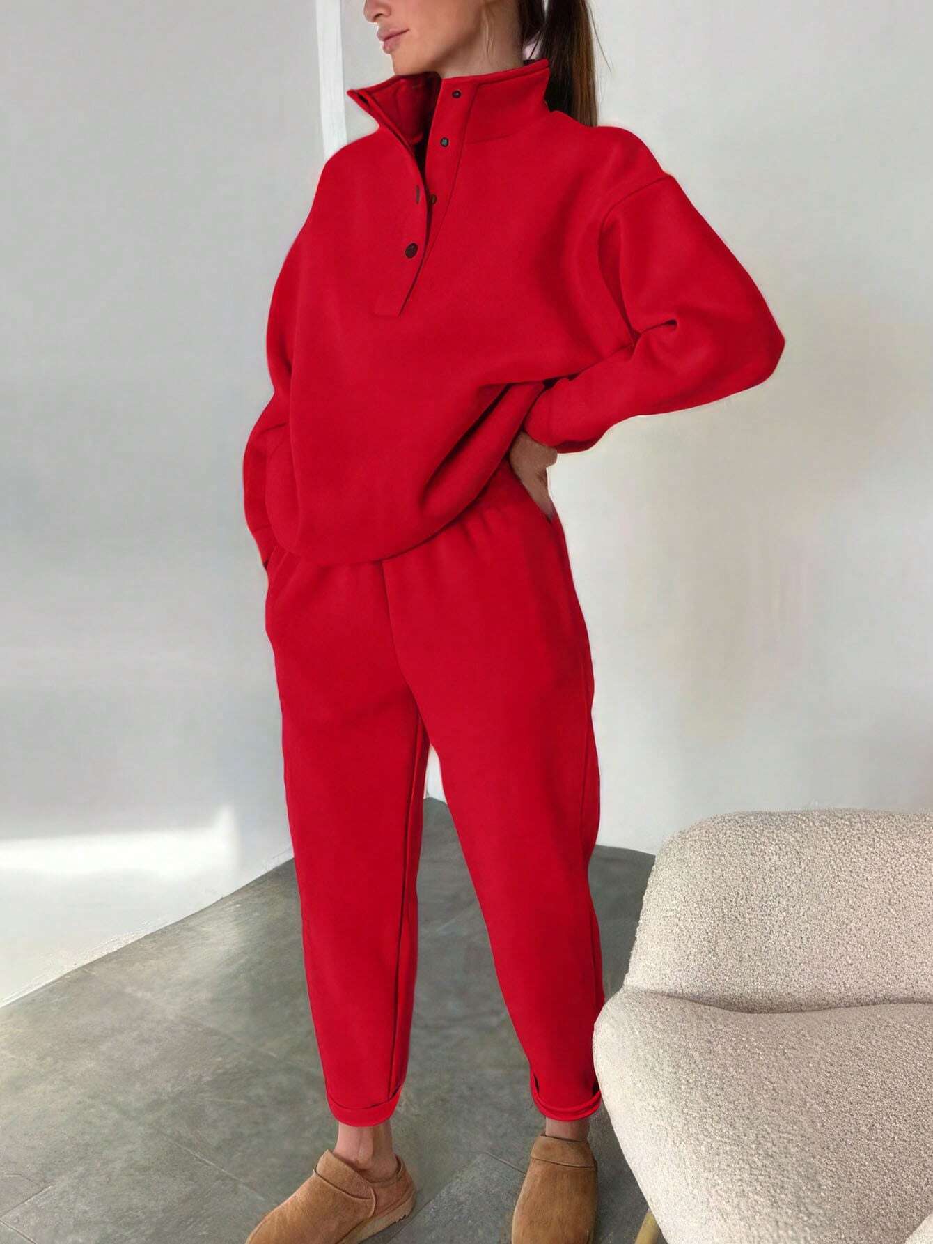 Oversized Solid Casual Pullovers Long Pant Set Warm Hoodie