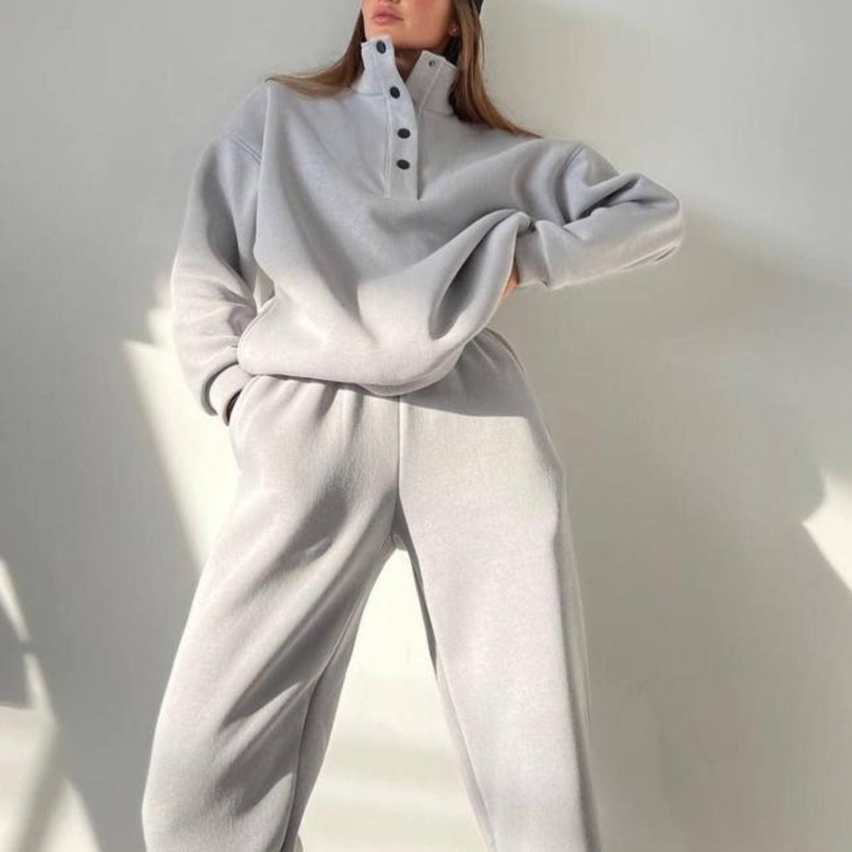 Oversized Solid Casual Pullovers Long Pant Set Warm Hoodie