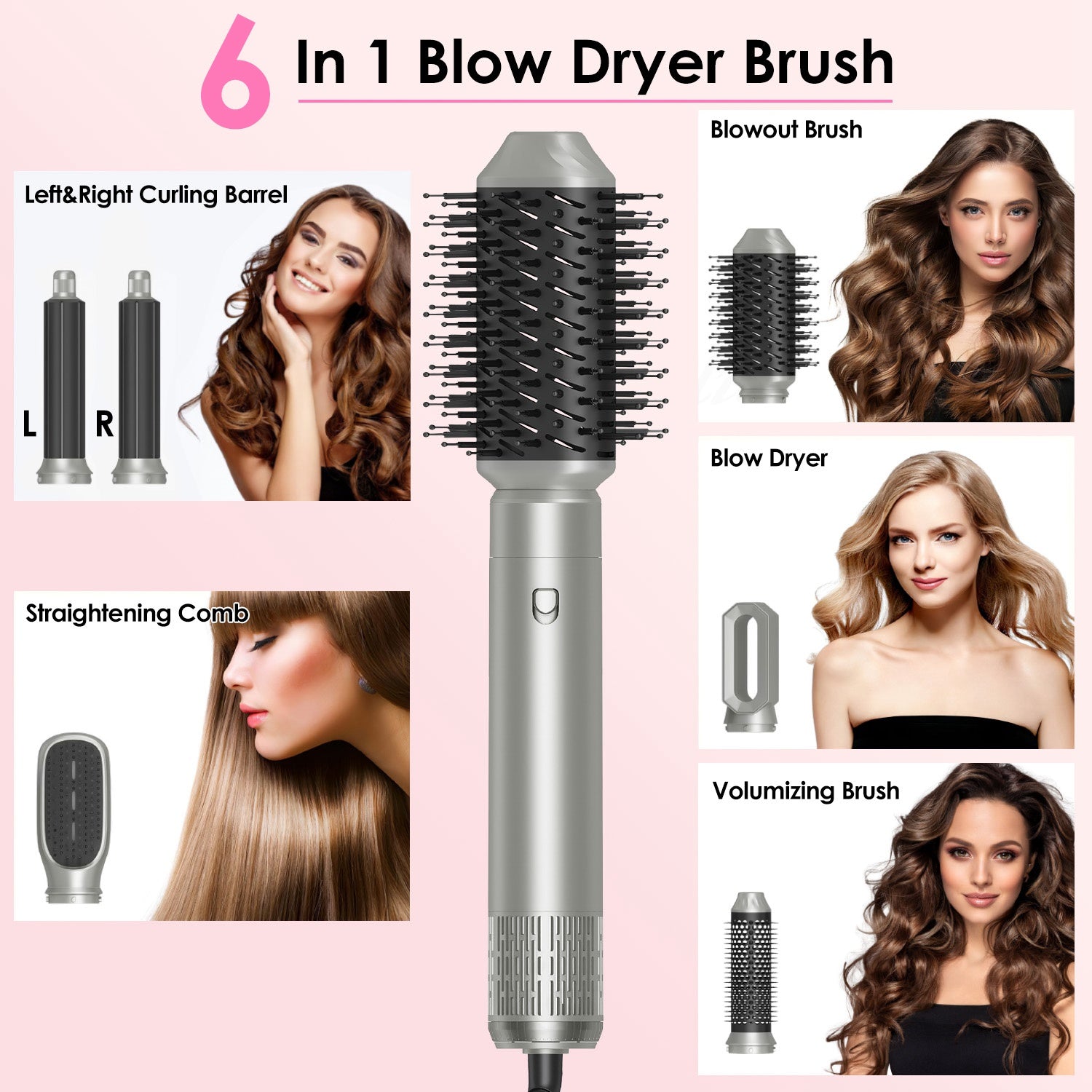 1Pc 6 In 1 Hot Air Styler Volumizer Straightener Curler Dryer Automatic Wrap Styler - Opaline Glam Beauty