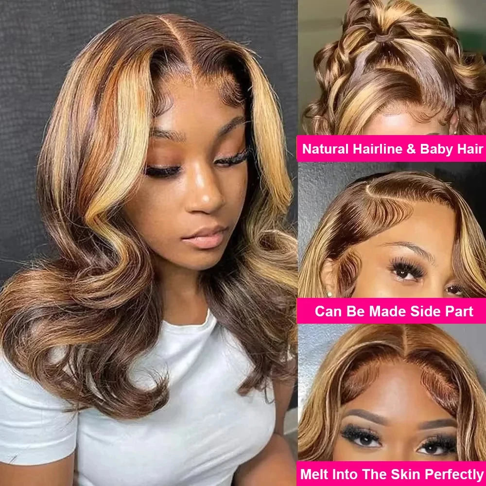 Bob Wig 13x4 Highlight Body Wave Lace Front Wigs 230 Density Ombre 4/27 Brown and Honey Blonde HD Lace Frontal Wig Human Hair - Opaline Glam Beauty