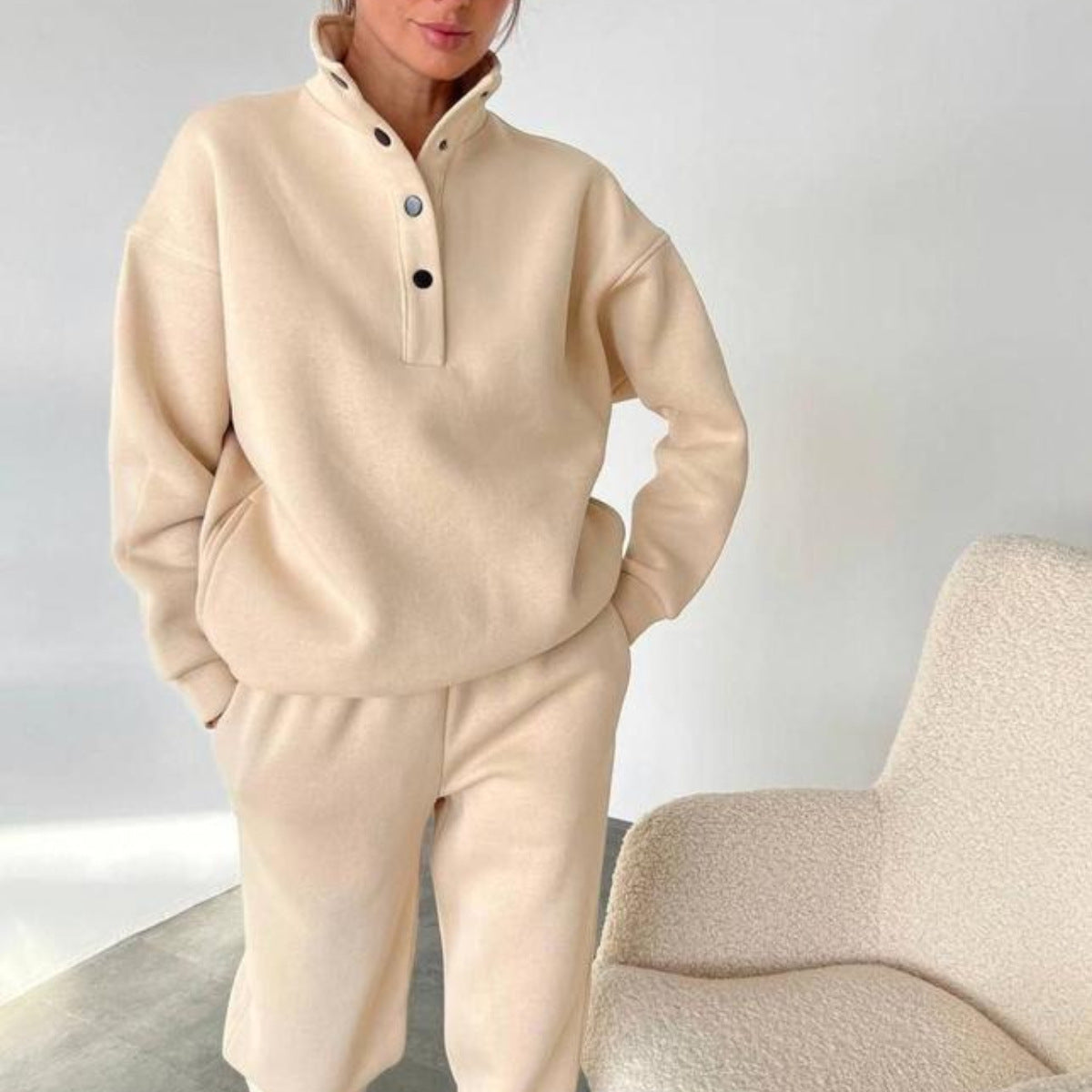 Oversized Solid Casual Pullovers Long Pant Set Warm Hoodie