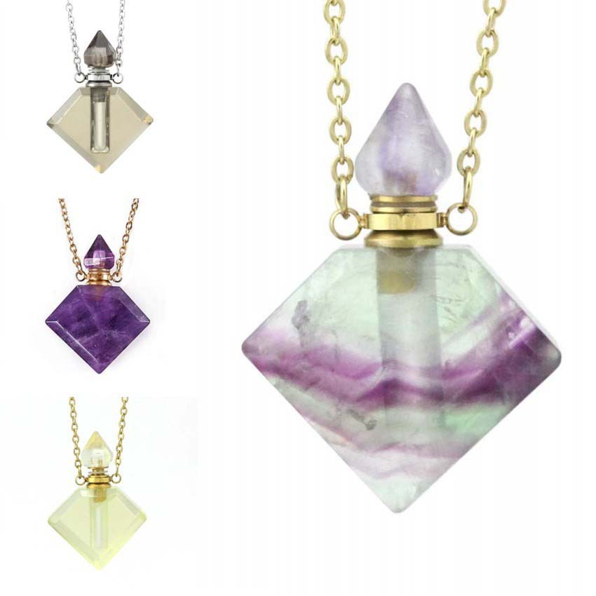 Natural Crystal Diamond Perfume Bottle Aromatherapy Bottle Necklace Pendant - Opaline Glam Beauty