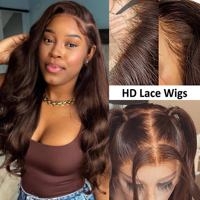 Chocolate Brown 4x4 Lace Closure Wig Human Hair Color Body Wave Density - Opaline Glam Beauty